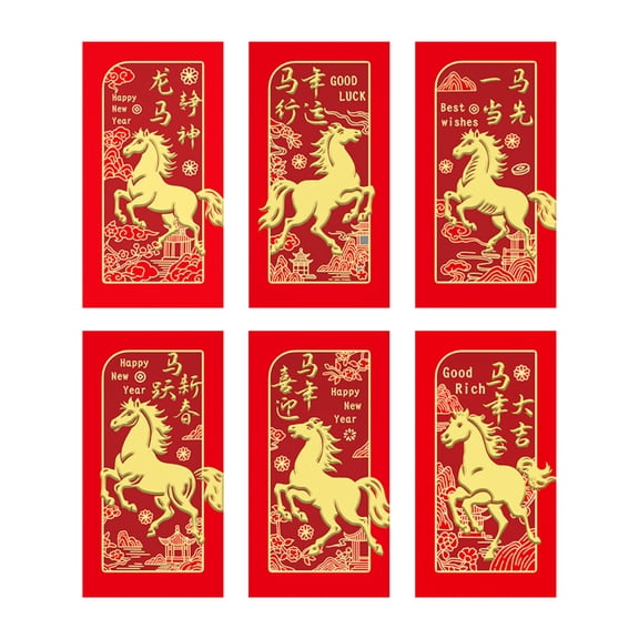 6Pcs Chinese New Year Of The Horse Red Envelopes, Lucky Money Pockets With Gold Horse Patterns And Festive Red Design, For Spring Festival Gift Giving, New Year Celebrations,