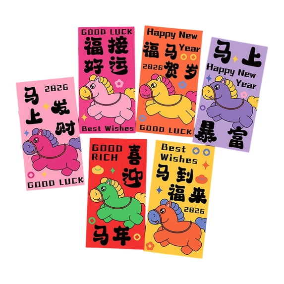 6Pcs Chinese Red Envelopes, Cute New Year of Envelope Red Pocket, 2026 Lunar New Year Horse Money Packet Hong Bao for Spring Festival Wedding Birthday Supplies (C)