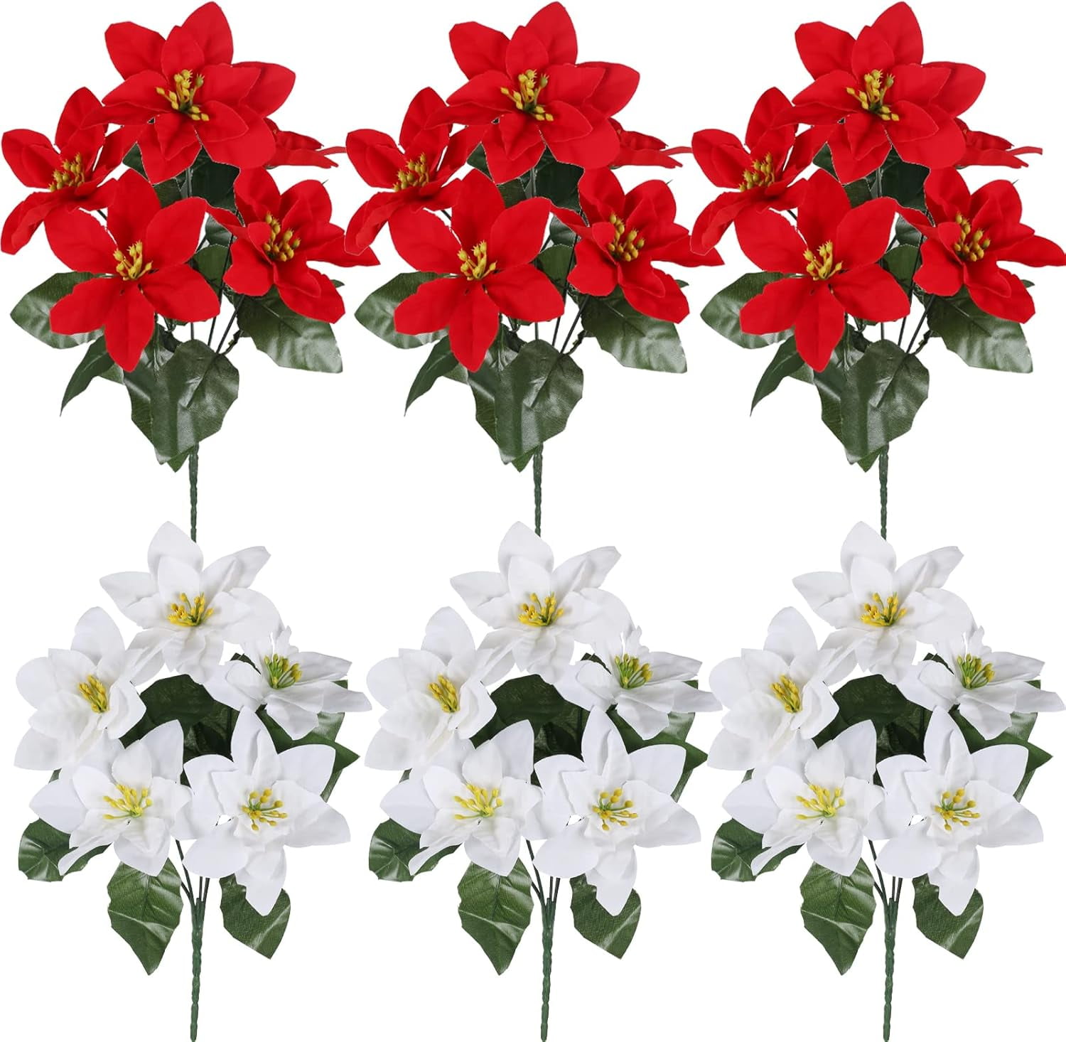 6Pcs Christmas Artificial Flowers Silk Poinsettia Bouquets Xmas Fake