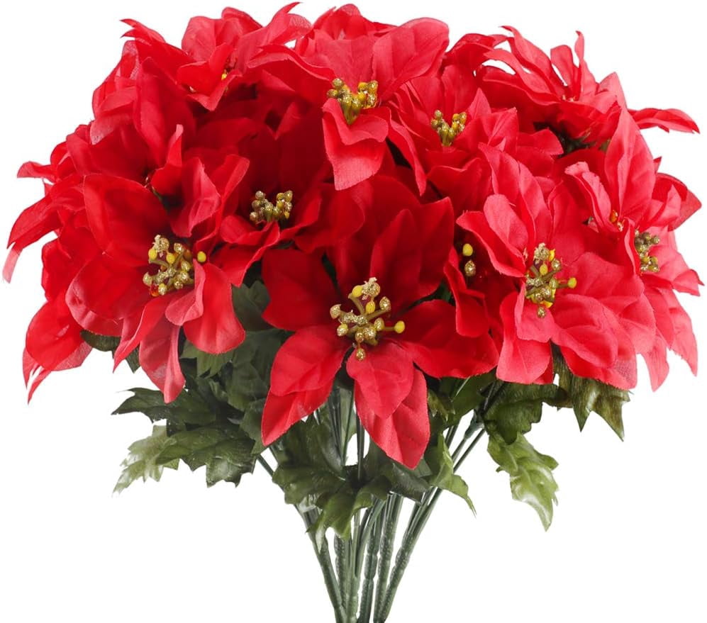 6Pcs Christmas Artificial Flowers Silk Poinsettia Bouquets Xmas Fake