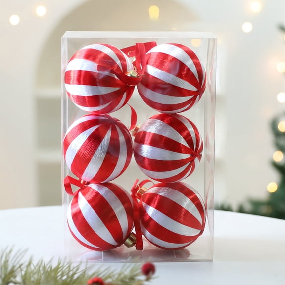 6Pcs Christmas Ball Pendants, 3.14 in Striped Cloth Xmas Hanging Ornaments, Pre‑Installed Lanyard Shatterproof Baubles for Christmas Tree Wreath Mantel Home Party Holiday Decor