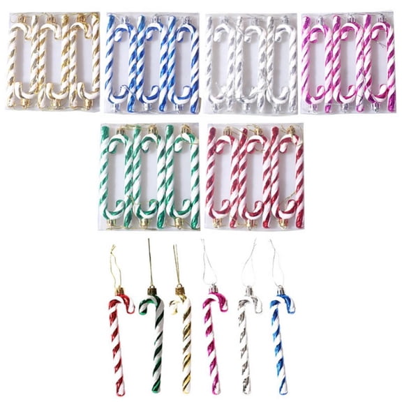 6Pcs Christmas Crutch Plastic Candy Cane Ornaments Christmas Tree Hanging Pendant for Holiday Party Festival Decor Golden