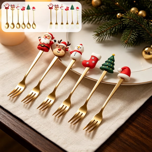 6Pcs Christmas Dessert Spoon And Fork Set, Six Mini Utensils With Seasonal Handle Decorations for Serving Desserts, Fruit, Appetizers At Holiday
