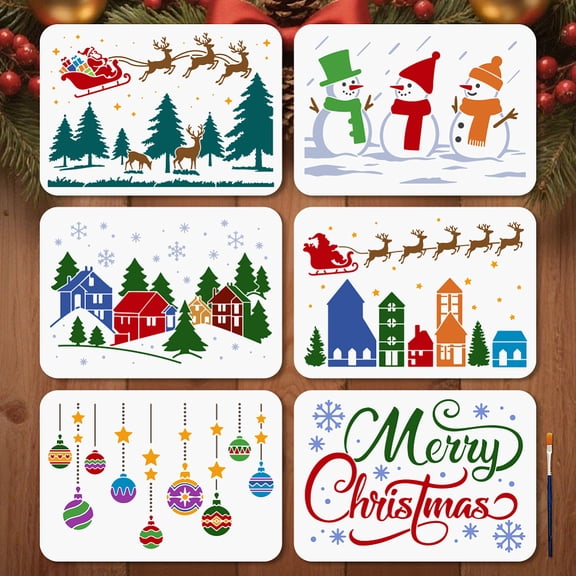 6Pcs Christmas Eve Stencils Winter Snowman Town Painting Stencil 11.78.3inch Reusable Sled Reindeer Drawing Template with Paint Brush