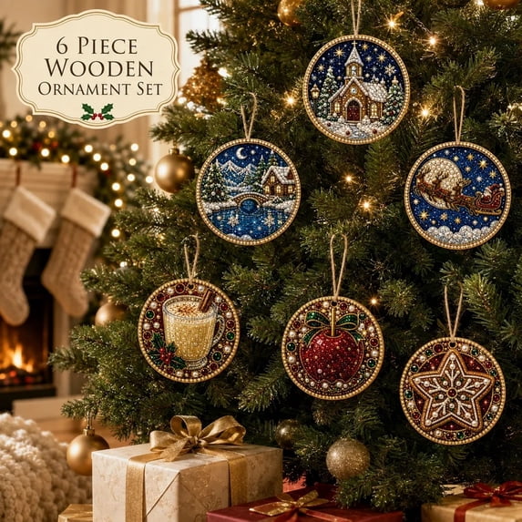 6Pcs Christmas Ornaments DIY Pearl Diamond Art Kits for Adults,Pre-Drilled Wooden Hanging Ornaments for Christmas Tree,Christmas Decor Craft (Winter Village & Treats)
