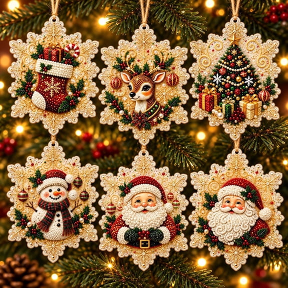 6Pcs Christmas Ornaments Pearl Diamond Art Kit, DIY Hanging Ornaments with Pearls, Special-Shaped Gems & Jute Twine – for Tree & Window Decor