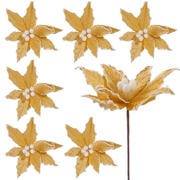 6Pcs Christmas Poinsettia Flowers Artificial 12 Inch Large Frost Edged Flannel Christmas Faux Poinsettia Flowers Xmas Tree Decor for New Year Wedding Party