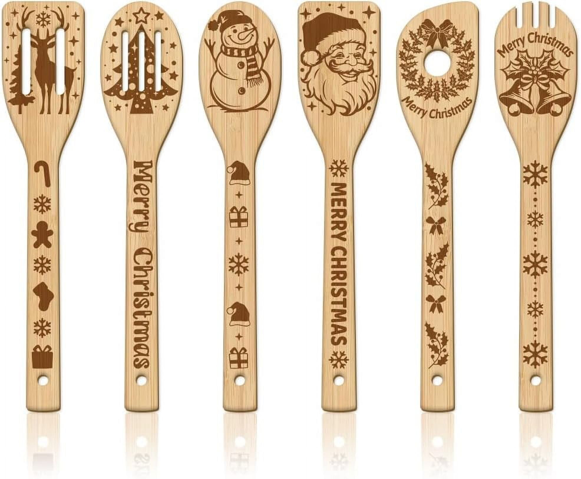 Santa Spoon 6Pcs Christmas Santa Claus Bamboo Cooking Utensils Wooden Engraved ...
