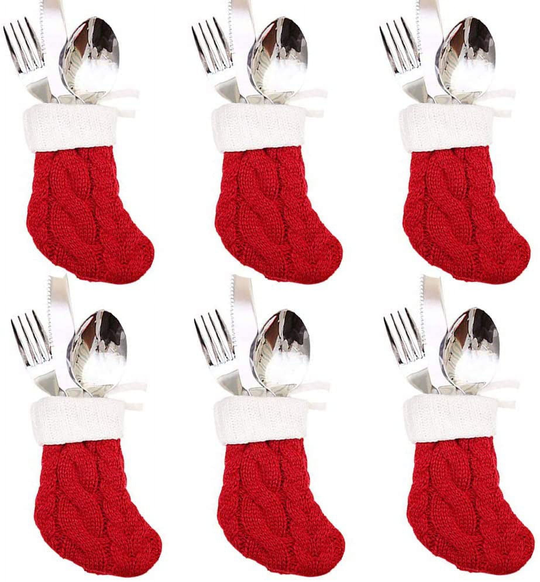 6Pcs Christmas Tableware Silverware Holders Set, Red Knitted Christmas ...
