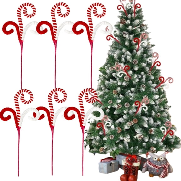 6Pcs Christmas Tree Decorations Picks 11.8inch Christmas Tree Woolen Candy Curly Pick, Christmas Tree Decorations Home Office Vase Party Ornaments (Red & White)