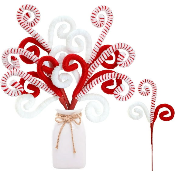6Pcs Christmas Tree Picks Tutuviw Christmas Candy Cane Picks Xmas Tree Topper Sticks Ornaments Large Tree Woolen Candy Curly Topper Sticks Lollipop for Vase Filler DIY Craft Holiday Decor(Red White)