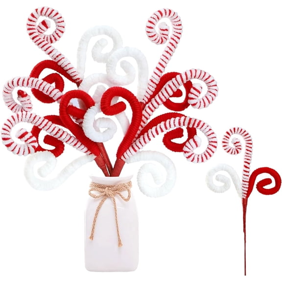 6Pcs Christmas Tree Picks Tutuviw Christmas Candy Cane Picks Xmas Tree Topper Sticks Ornaments Large Tree Woolen Candy Curly Topper Sticks Lollipop for Vase Filler DIY Craft Holiday Decor(Red White)