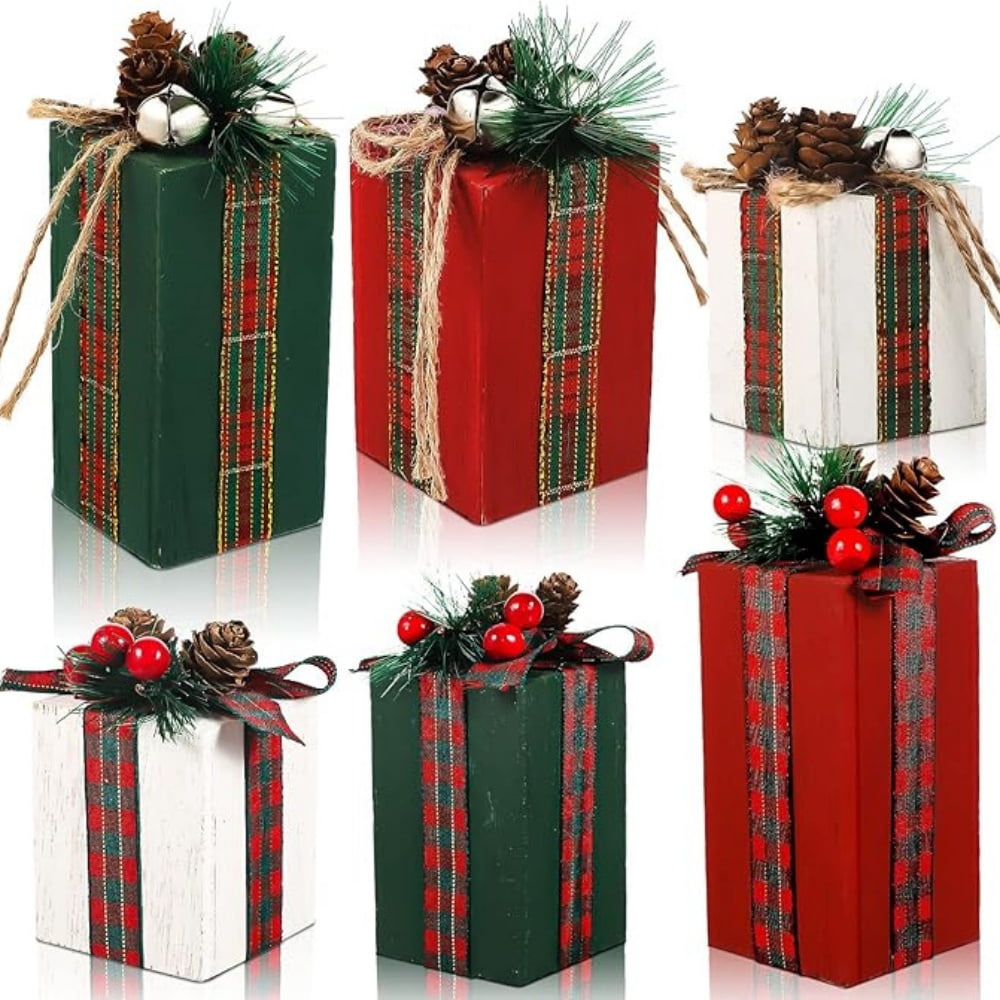 6Pcs Christmas Wooden Gifts Box Decor Christmas Table Centerpieces with Buffalo Plaid Bowknot Faux Present Blocks Rustic Gifts Tiered Tray Decor for Xmas Party