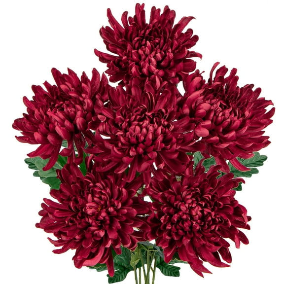 6Pcs Chrysanthemum Artificial Flowers 26'' Long Stem Fake Mum Flowers Bouquet Dark Red,6"dia Large Flower Heads