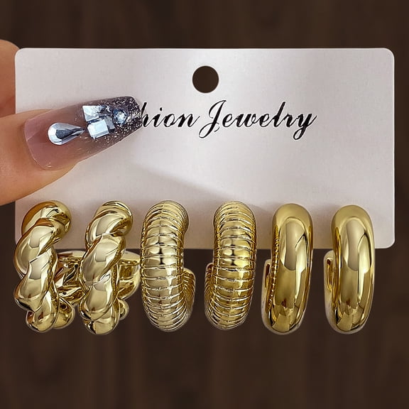 6Pcs Chunky Gold Color Waterdrop Hoop Earring Set for Women Bohemia Vintage Minimalist Smooth Circle Drop Earring Jewelry