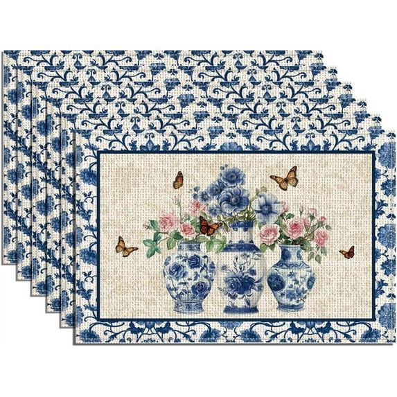 6Pcs Classical Chinese Vase Table Cloths 17.7x11.8 Inch Rectangle Floral Patten Table Placemats for Dining Table Decor Seasonal Spring Summer Polyester Washable Table Mats for Party Kitchen DIY