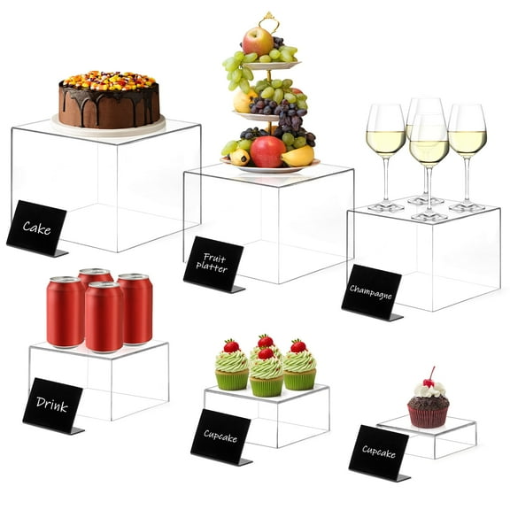 6Pcs Clear Acrylic Display Boxes, Buffet Display Stand, Stackable Table Supports & Party Food Rack, Multifunctional Food Display Stand, Table Food Rack with Two Pens and Six Label Tags