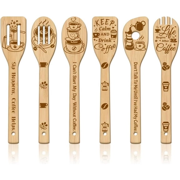 6Pcs Coffee Bamboo Cooking Utensils Wooden Engraved Cooking Spoons Set Carving Kitchen Bamboo Spatula Set Wood Cooking Spoon for Kitchen House Warming Gift