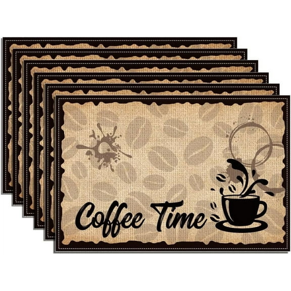 6Pcs Coffee Themed Placemat 11.8x17.7 Inch Coffee Time Table Mats Mocha Latte Coffee Cup Bar Table Place Mats Coffee Machine Placemat for Kitchen Restaurants Cafes Reception Rooms Party