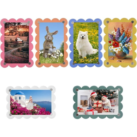 6Pcs Colorful Acrylic Fridge Magnetic Picture Frame, Scalloped Magnetic Photo Holders for Refrigerator, Locker, Photo Board, Art Display, Sign Holder (2.36 x 3.54in)