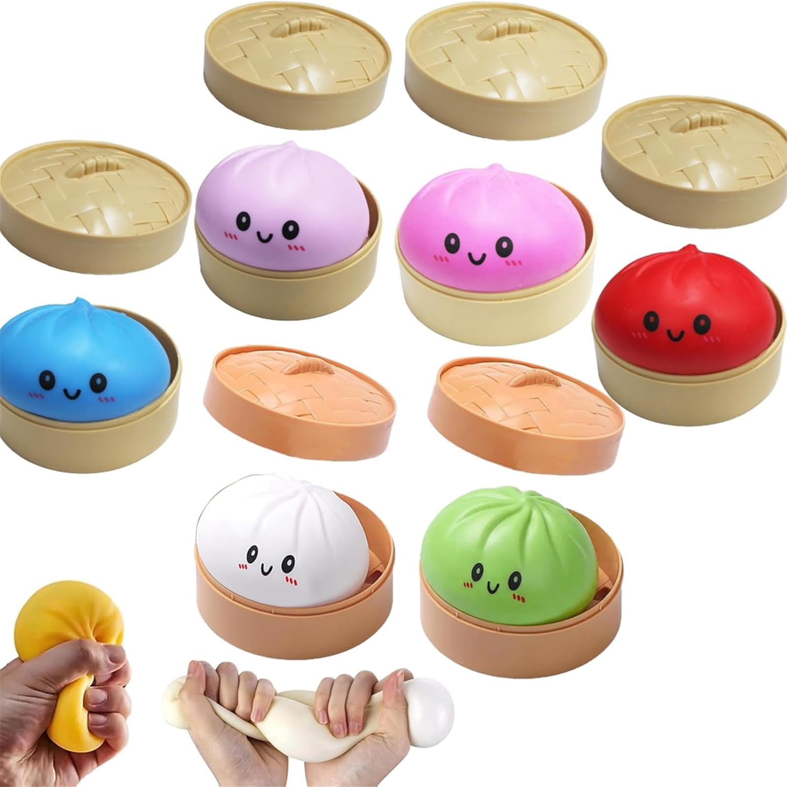6Pcs Colorful Dumpling Squishy Random Color, Mystery Dumpling Squishy with Steamer, Squishy Dumpling Doll with Cute Expressions, Silicone Bun Sensory Fidget Dolls, Hand Pinching Decompression Dolls