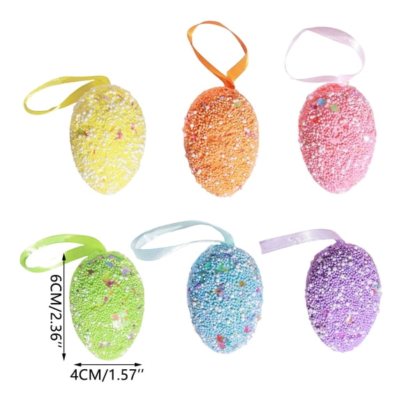 6Pcs Colorful Easter Eggs with Glitter Sequins, Foam Hanging Easter Egg Ornaments for Tree, Home Garden Tree Decor for Holiday Supplies