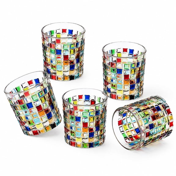 6Pcs Colorful Glass Tumblers Set, 9.1 Oz Decorative Drinking Glass Cups with Hand Painted Pattern, Small Drinkware for Juice, Coffee, Tea and Home Use
