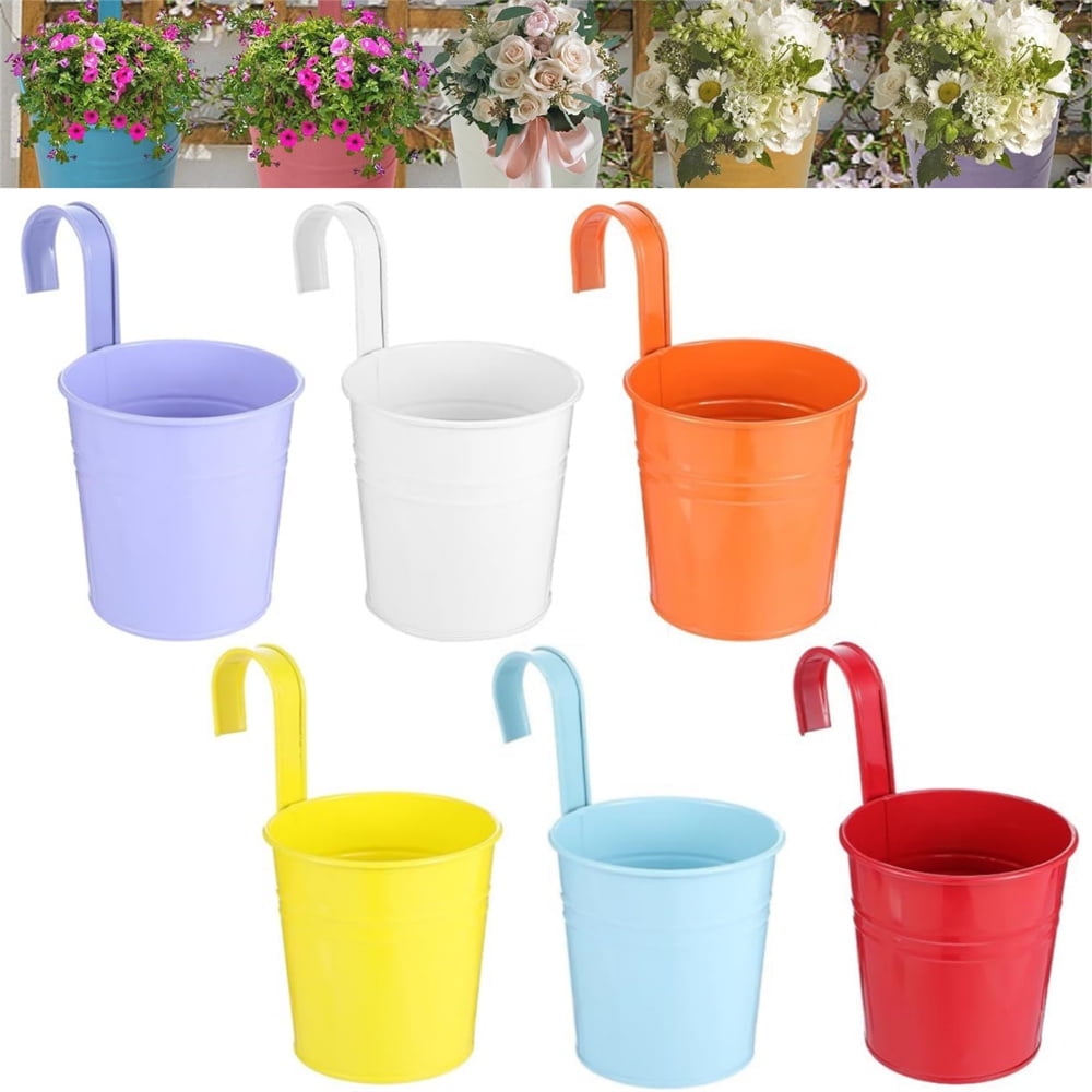 6Pcs Colorful Metal Iron Fence Planter,Hanging Flower Pots for Outdoor Indoor Plants with Removable Hooks,Tin Buckets Plant Pots,Multifunction Storage Box,Wall Fence Home Office Decor