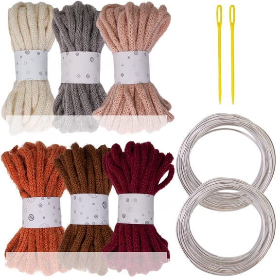 6Pcs Colorful Polyester Rope Big Eye Needle and Sculpting Wire 7mmX5Meters Hollow Braided Rope For Art Craft Knitting