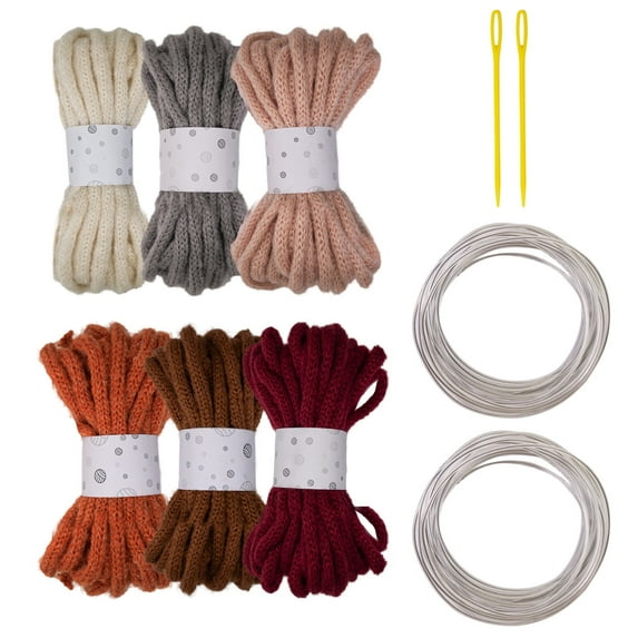 6Pcs Colorful Polyester Rope Big Eye Needle and Sculpting Wire 7mmX5Meters Hollow Braided Rope For Art Craft Knitting