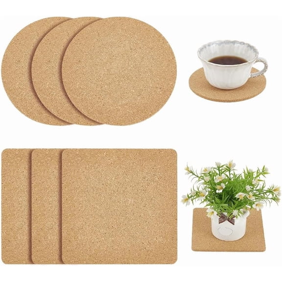 6Pcs Cork Plant Coasters 6 Inch Cork Mats for Plant Cork Trivets for Hot Dishes Absorbent Plant Mats for House Garden Indoors Pots DIY Craft Project(Square & Flat Round) 1set