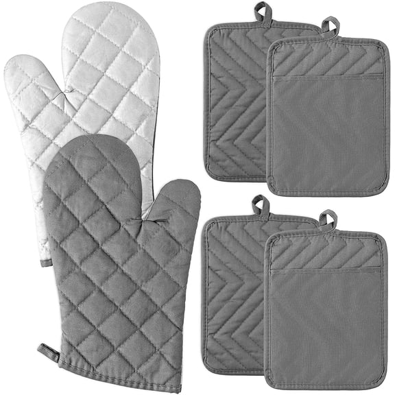 6Pcs Cotton Oven Mitts and Pot Holders Set Durable Hot Pads Machine Washable BBQ Gloves Heat Resistant Pocket Pot Holder with Hanging Loop for Safe Kitchen Baking Cooking Grilling Grey