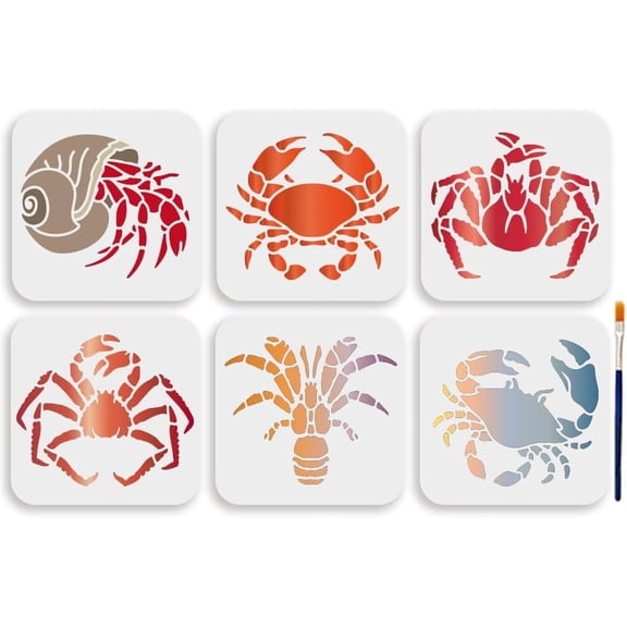 6Pcs Crab Painting Template 5.9x5.9inchs Reusable Ocean Animal Template Crawling Sea Creatures Stencil PET Hollowing Drawing