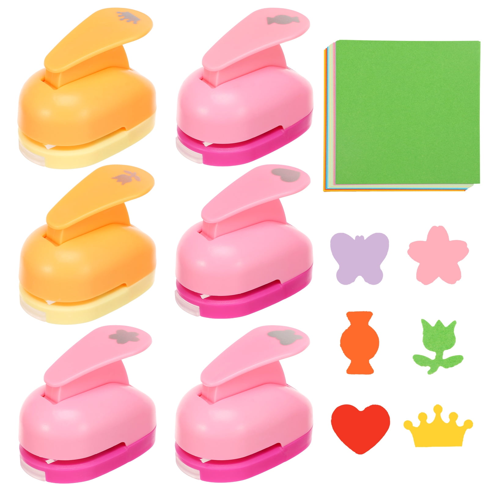 6Pcs Craft Hole Punch with 100 Cardstock Butterfly/Heart/Rose/Candy/Cherry Blossom/Crown Shape Paper Hole Shape Puncher Tool for DIY Craft