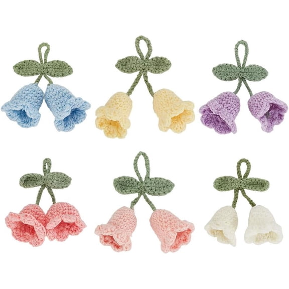 6Pcs Crochet Bell Orchid Pendant Knitted Bluebell Flower Charms Handmade Cute Campanula Hanging Charm Cotton Fabric Flower Ornament