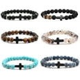 thumbnail image 1 of 6Pcs Cross Natural Stone Stretch Bracelet Set Beads 8mm Lava Rock Tiger Eye Strand Elastic Healing Turquoise for Men Women Religion Jewelry, 1 of 6
