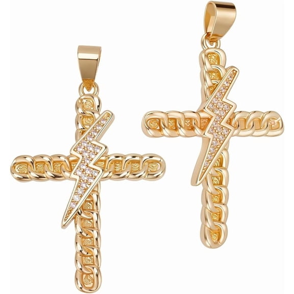 6Pcs Cubic Zirconia Charm 18K Gold Plated 26x36x2.5mm Dangle Crucifix Lightning Charms with Clip for Necklace DIY Jewelry Making Pendant Finding Clear 1set