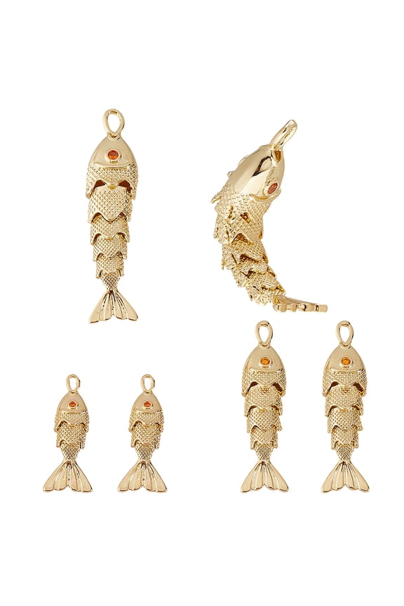 6Pcs Cubic Zirconia Fish Charms 3 Styles Movable 3D Fish Charm 24K Gold Plated Lucky Koi Charm