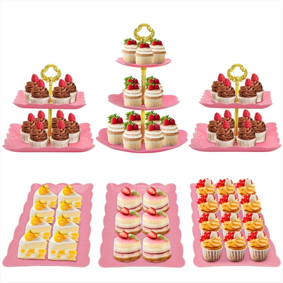 6Pcs Cupcake Stand Pink plastic Cake Stand Dessert Table Stands Set 3Tier 2Tiered Cupcake Tower Stand Treat Display Holder Cookie Candy Serving Tray Dessert Trays for Wedding Baby Shower Tea Party