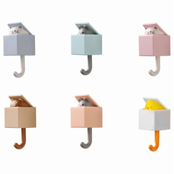 6Pcs Cute Adhesive Cat Wall Hooks, Punch-Free Hidden Peek-a-Boo Decorative Hangers for Keys & Towels, ABS Plastic Utility Hooks for Kids Room & Entryway (K)