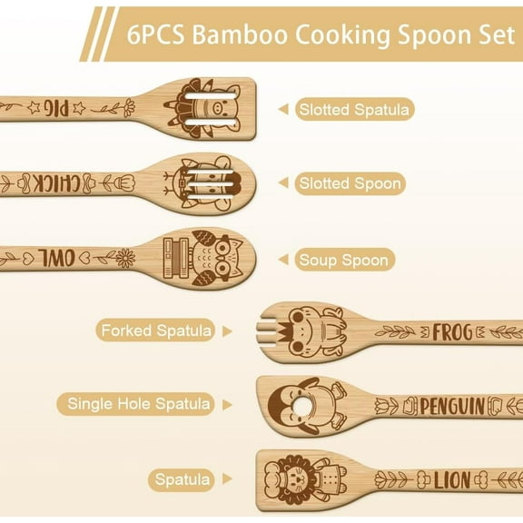 6Pcs Cute Animals Wooden Spoons Utensil Set Cartoon Animals Bamboo Carving Kitchen Cooking Utensils Wooden Engraved Cooking Spatula Set for Kitchen Fun House Warming Gift