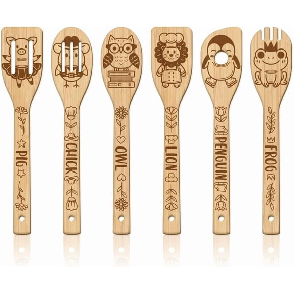 6Pcs Cute Animals Wooden Spoons Utensil Set Cartoon Animals Bamboo Carving Kitchen Cooking Utensils Wooden Engraved Cooking Spatula Set