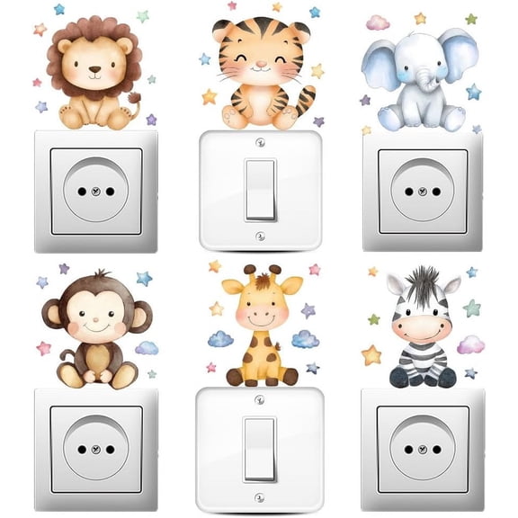 6Pcs Cute Cartoon Light Switch Stickers 7x7 Inch Lion Elephant Giraffe Tiger Zebra Monkey Wall Sticker Light Switch Decals for Nursery Bedroom Ledge Vehicle and Home Decor
