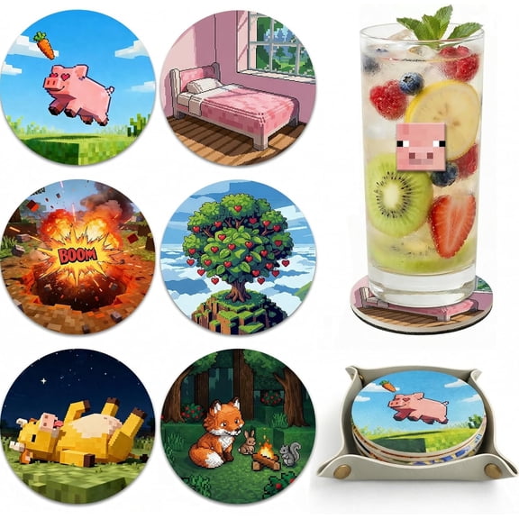 6Pcs Cute Coaster for Desk Pixel-Style Gaming Absorbent Coasters for Drinks, for Pixel Game Lover, Non Slip Funny Drink Silicone Coasters for Kitchen Decor & Home Dcor Accents