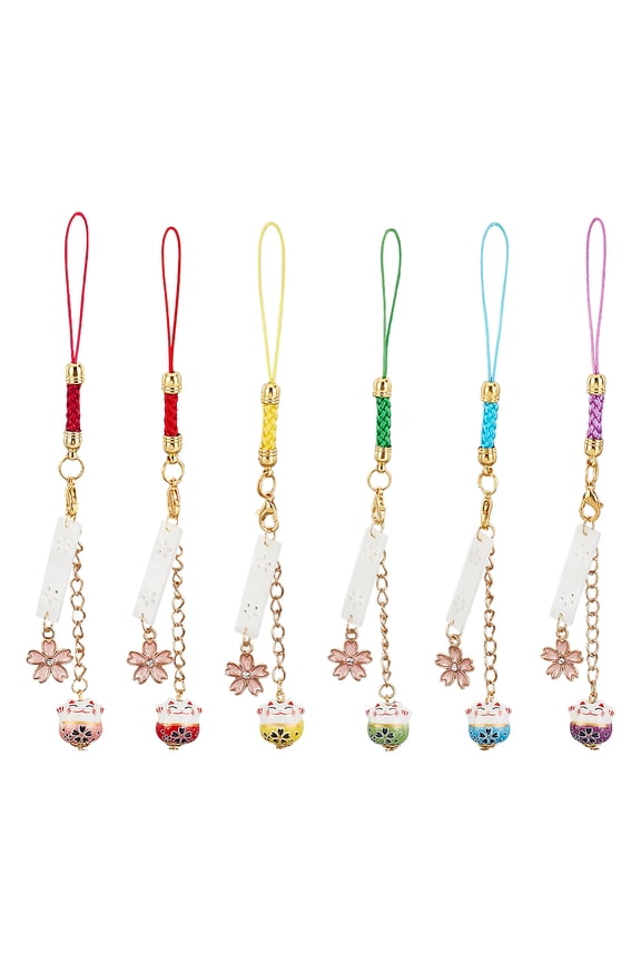 6Pcs Cute Maneki Neko Smart Phone Strap Lanyards Daisy Sakura Cat Bell Mobile Rope Key Chains Couple Gift Decoration Mixed Color 15.5cm for DIY