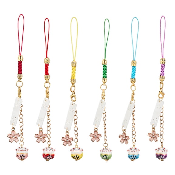 6Pcs Cute Maneki Neko Smart Phone Strap Lanyards Daisy Sakura Cat Bell Mobile Rope Key Chains Couple Gift Decoration Mixed Color 15.5cm for DIY