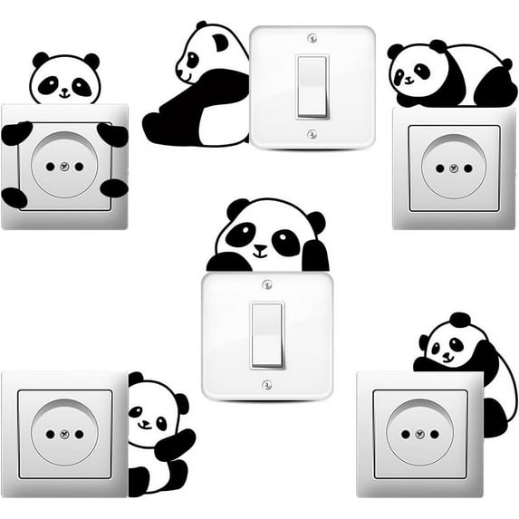 6Pcs Cute Panda Light Switch Stickers 7x7 Inch Cartoon Pandas Wall Sticker Light Switch Decals for Nursery Bedroom Living Room Office Home Family DIY Decor