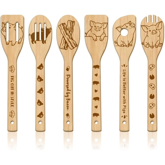 6Pcs Cute Pigs Wooden Spoons Utensil Set Foods Bacon Bamboo Carving Kitchen Cooking Utensils Wooden Engraved Cooking Spatula Sets