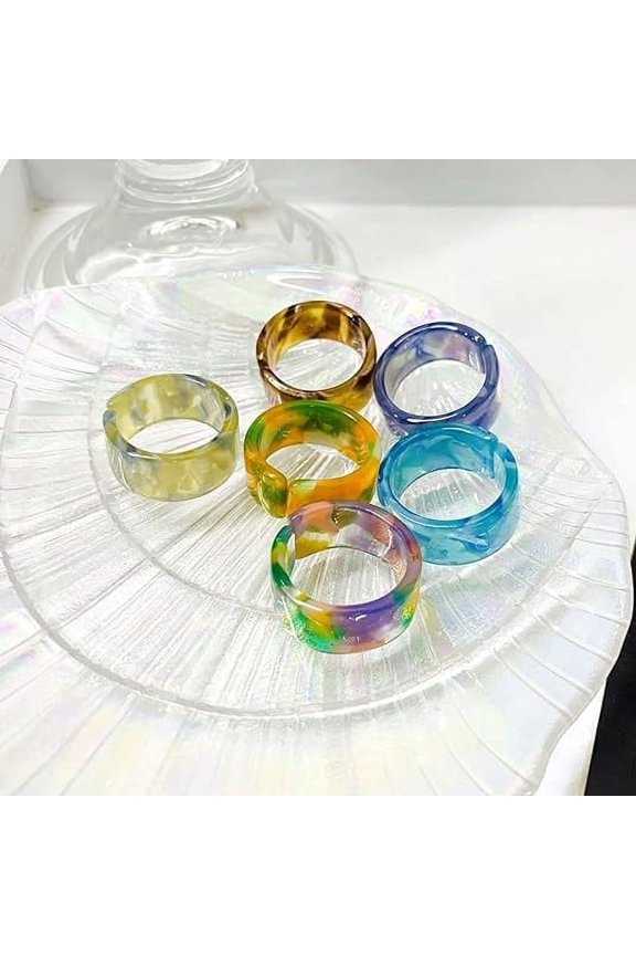 6Pcs Cute Rings, Unique Rings for Women, Resin Open Retro Sweet Colorful Rings with 6 Different Colors to Wear any Kind of Clothes
