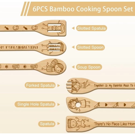 6Pcs Cute Simple Strokes Bamboo Cooking Utensils Wooden Engraved Cooking Spoons Set Family Carving Kitchen Bamboo Spatula Set Wood Cooking Spoon for Kitchen House Warming Gift